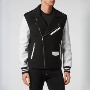 PHILIPP PLEIN BLACK WOOL AND LEATHER BIKER JACKET