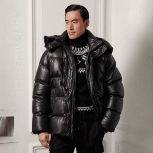 Men Leather Puffer Jacket