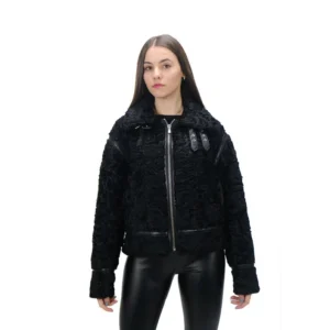 Black Persian Trimmed Leather Jacket Women