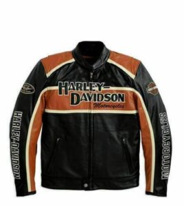 GENUINE MEN’S HARLEY DAVIDSON CLASSIC BLACK & ORANGE BIKER LEATHER JACKET
