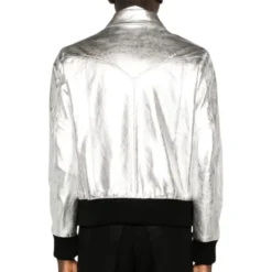 silver leather bomber jacket back